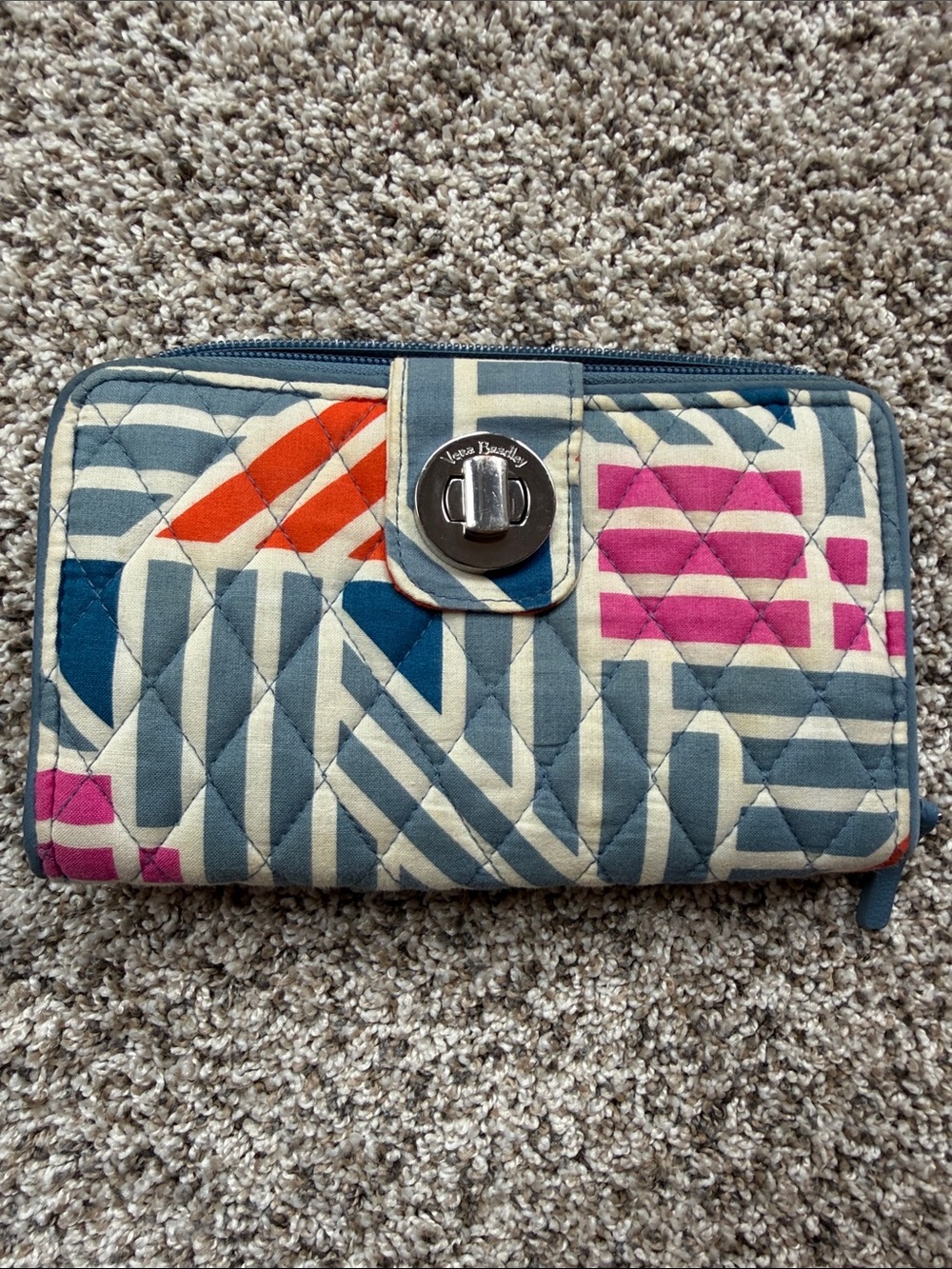 Vera Bradley Quilted Wallet in Blue, Pink & Orange Geometric Pattern